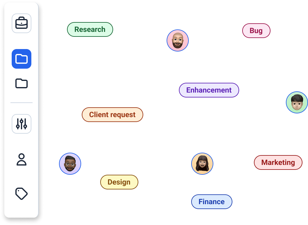 An illustration suggesting the different ways labels can be assigned to different team members depending on their role, such as design or marketing