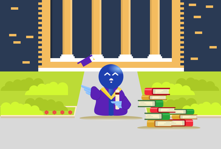 Our mascot Poly celebrating their graduation from an educiational institution, wearing an academic dress, throwing a square academic cap into the air