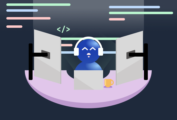 An illustration showing our mascot Poly working at a computer