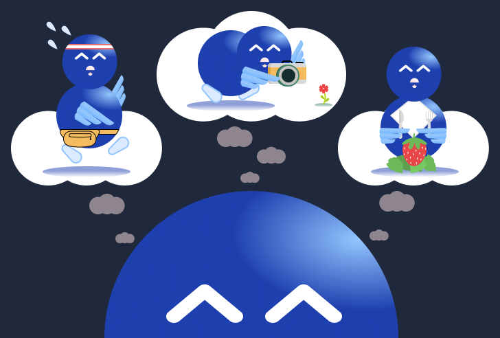 Our mascot Poly thinking about all the things they want to do, among them being running, taking pictures and eating something tasty, each thing symbolized by a thought bubble