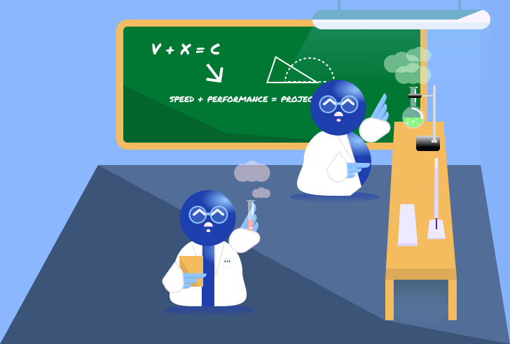 Two content looking Polys (our mascot) researching in a laboratory and taking down notes on a chalkboard