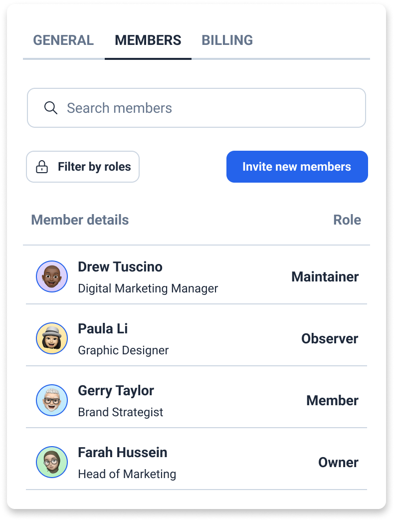 An illustration of a settings screen showing team members belonging to a team member and their role within the workspace. The illustration also shows a button allowing filtering by role and another button letting a user invite new team members