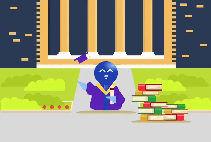 Our mascot Poly celebrating their graduation from an educiational institution, wearing an academic dress, throwing a square academic cap into the air