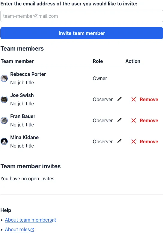 An illustration of a settings screen showing team members belonging to a team member and their role within the workspace. The illustration also shows a button allowing filtering by role and another button letting a user invite new team members