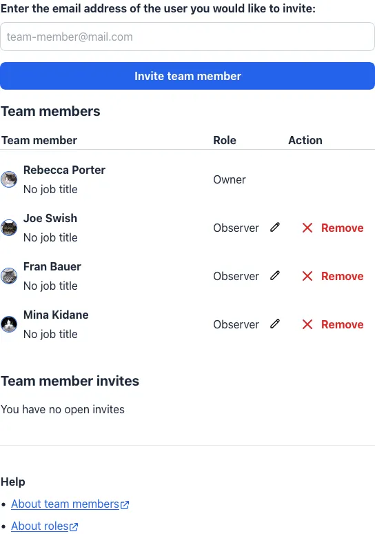 An illustration of a settings screen showing team members belonging to a team member and their role within the workspace. The illustration also shows a button allowing filtering by role and another button letting a user invite new team members