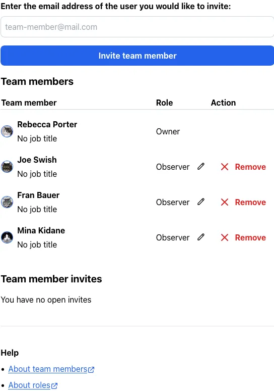 An illustration of a settings screen showing team members belonging to a team member and their role within the workspace. The illustration also shows a button allowing filtering by role and another button letting a user invite new team members